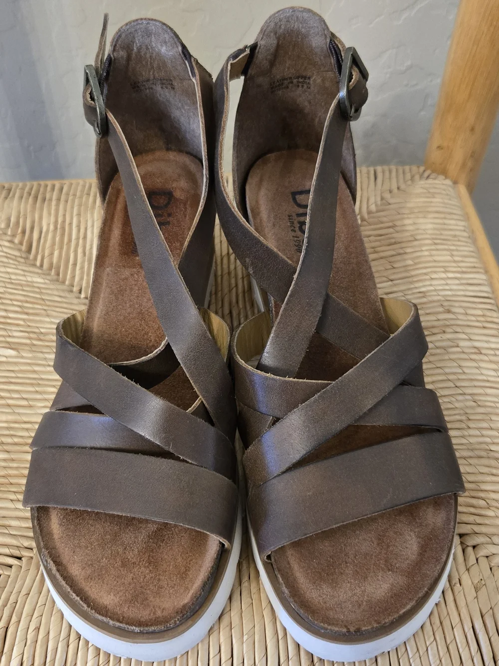 Diba Brown Leather Strappy Wedge Sandals with White Sole, Sz 8.5